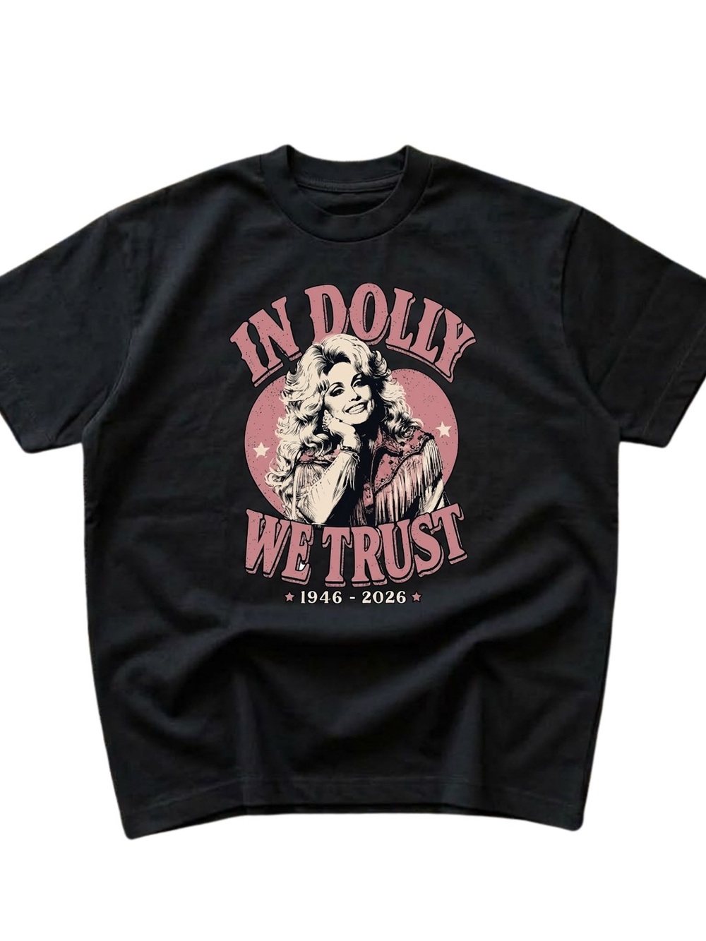 Gildan Black Tee "In Dolly We Trust" Pink Graphic, Gift For Him, For Her